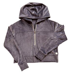 Vuori Womens Haven Half Zip Hoodie Dusty Blue Velour Cropped Sz XS Ribbed